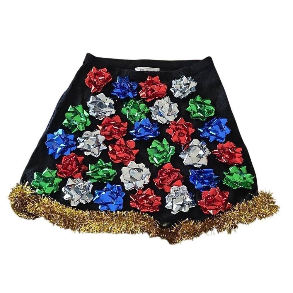 Planet Gold Womens Sz Medium Black Knit Gift Bow Garland Sweater Christmas Skirt